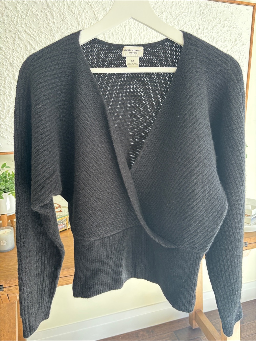 Club Monaco Black Ribbed Crossover V-Neck Sweater
